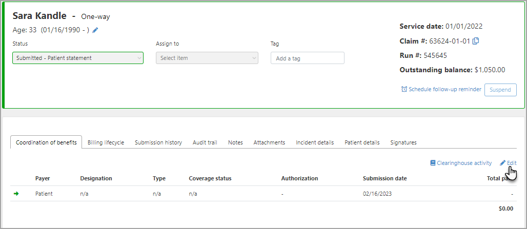 You can edit the COB on the Claim page > Coordination of benefits tab.